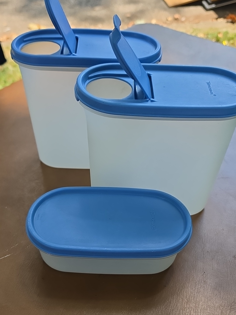 Tupperware Blue & White Airtight Pantry Canisters with Pour Spouts (Set of 3)